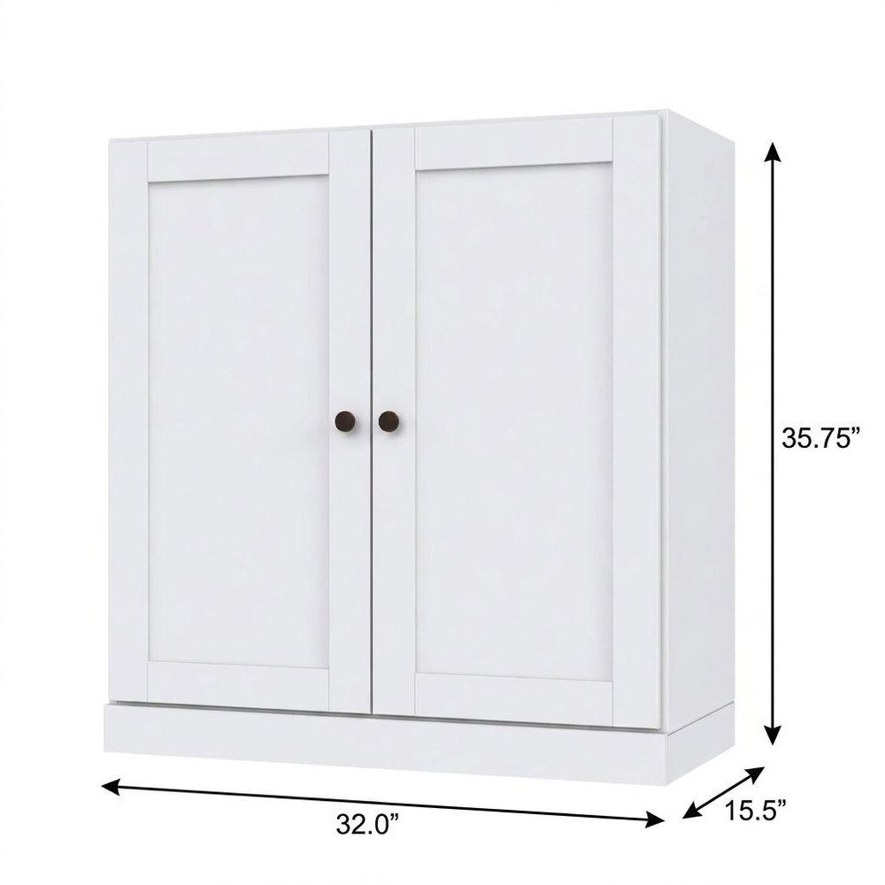 36" White Solid Wood Adjustable Three Tier Library Bookcase with Two Doors