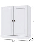 36" White Solid Wood Adjustable Three Tier Library Bookcase with Two Doors