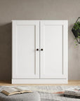 36" White Solid Wood Adjustable Three Tier Library Bookcase with Two Doors