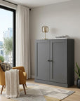 36" Gray Solid Wood Adjustable Three Tier Library Bookcase with Two Doors