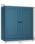 36" Teal Blue Solid Wood Adjustable Three Tier Library Bookcase with Two Doors