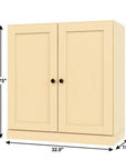 36" Yellow Solid Wood Adjustable Three Tier Library Bookcase with Two Doors