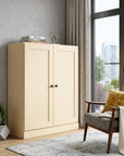 36" Yellow Solid Wood Adjustable Three Tier Library Bookcase with Two Doors