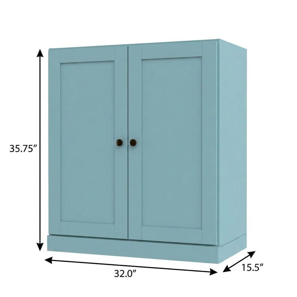 36" Aqua Solid Wood Adjustable Three Tier Library Bookcase with Two Doors
