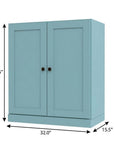 36" Aqua Solid Wood Adjustable Three Tier Library Bookcase with Two Doors