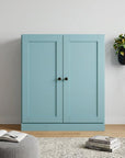 36" Aqua Solid Wood Adjustable Three Tier Library Bookcase with Two Doors
