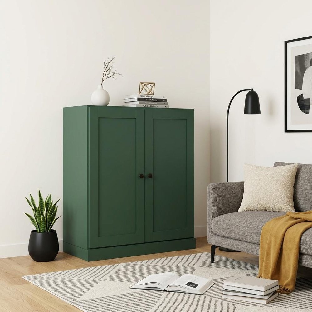 36" Green Solid Wood Adjustable Three Tier Library Bookcase with Two Doors