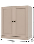 36" Beige Solid Wood Adjustable Three Tier Library Bookcase with Two Doors