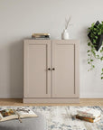 36" Beige Solid Wood Adjustable Three Tier Library Bookcase with Two Doors