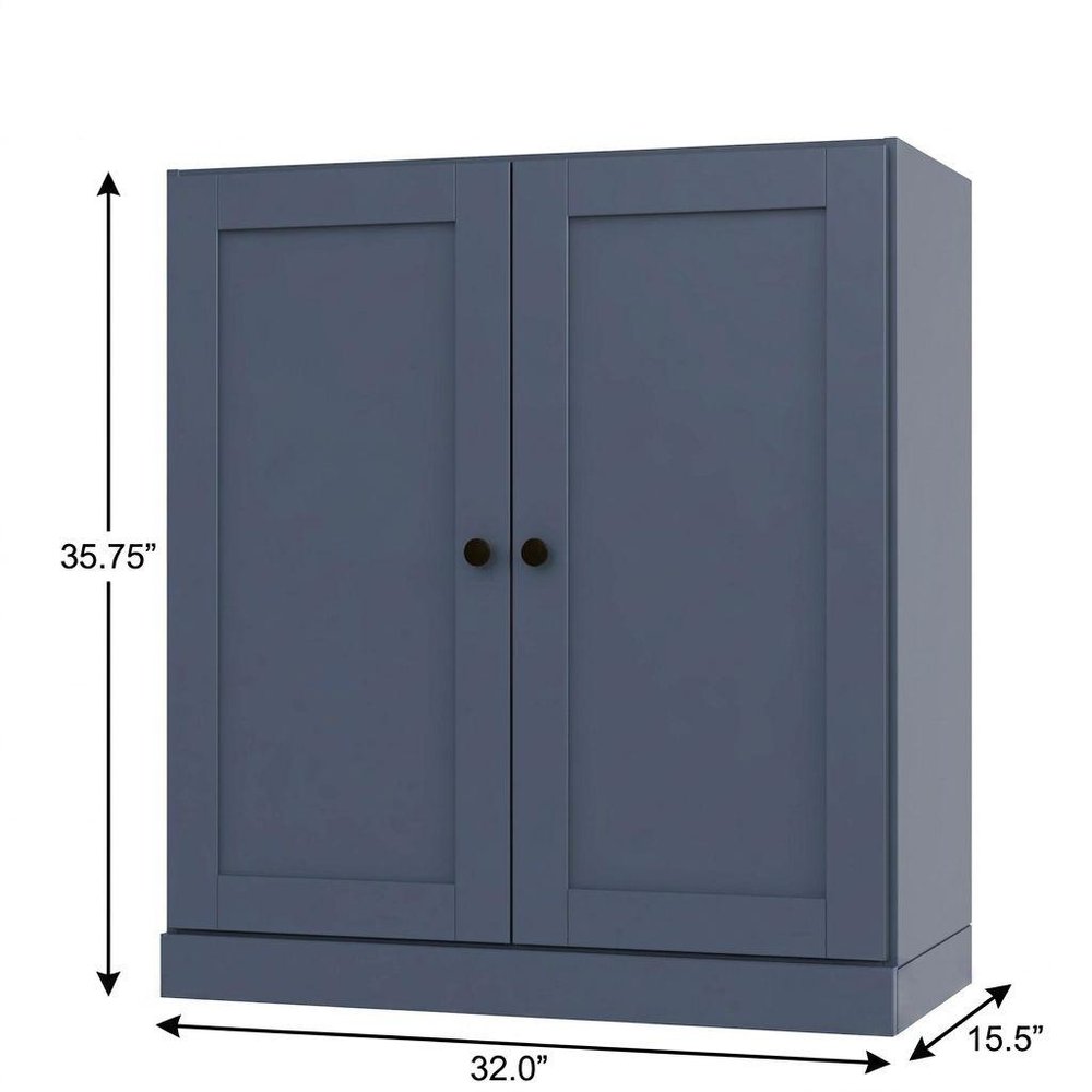 36" French Blue Solid Wood Adjustable Three Tier Library Bookcase with Two Doors