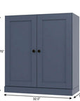36" French Blue Solid Wood Adjustable Three Tier Library Bookcase with Two Doors