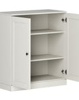 36" Off White Solid Wood Adjustable Three Tier Library Bookcase with Two Doors