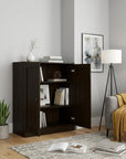 36" Espresso Solid Wood Adjustable Three Tier Library Bookcase with Two Doors