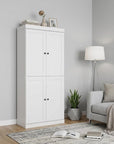 72" White Solid Wood Adjustable Six Tier Library Bookcase with Four Doors