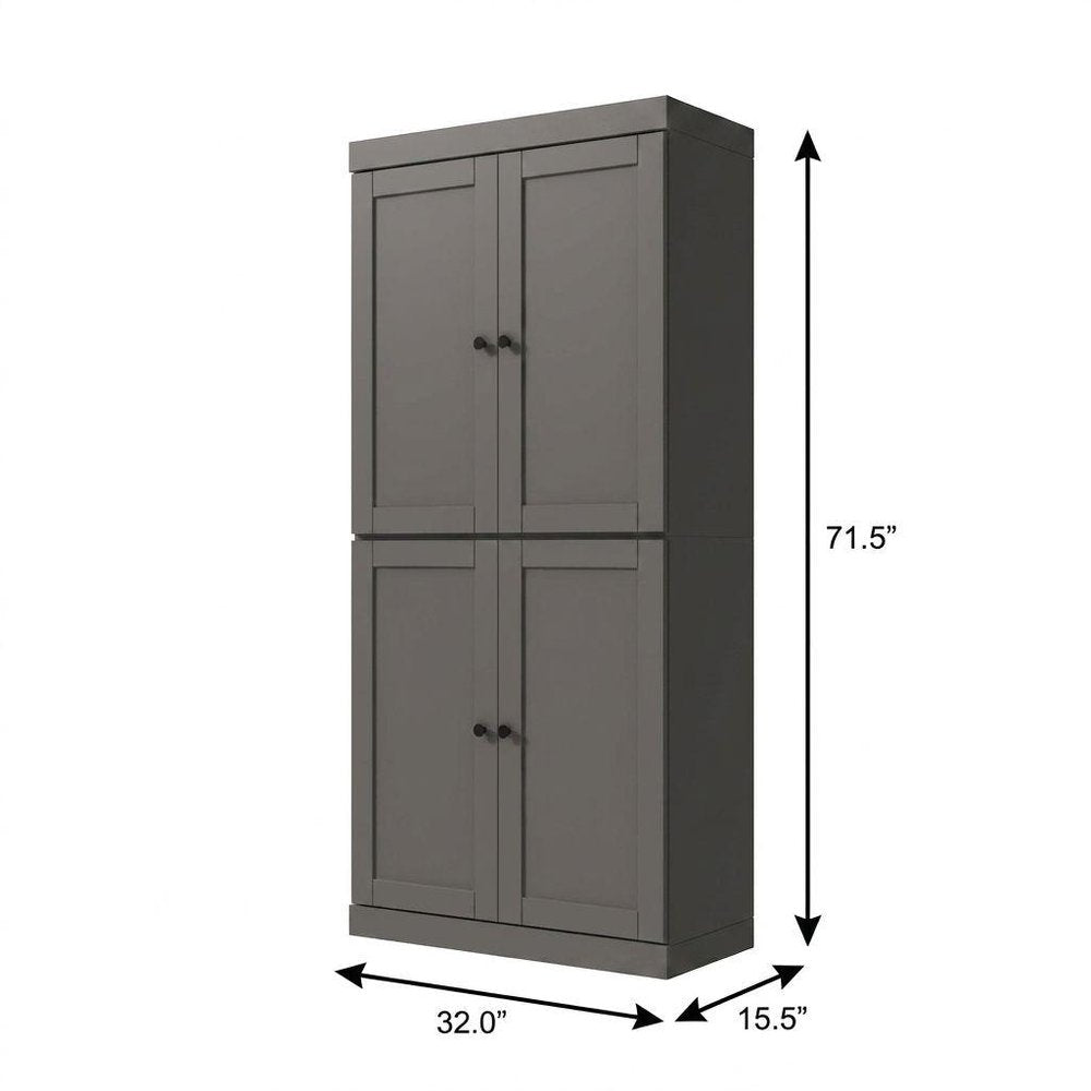 72" Gray Solid Wood Adjustable Six Tier Library Bookcase with Four Doors