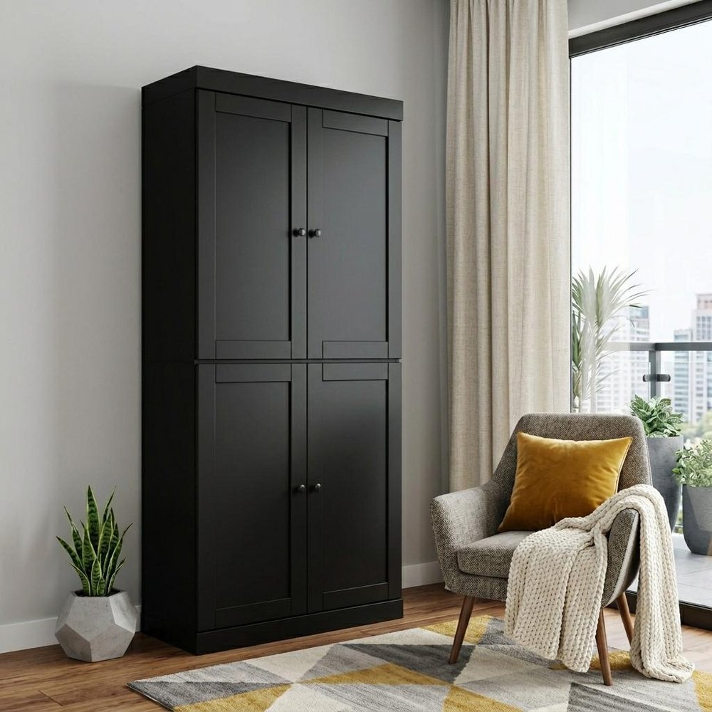 72" Black Solid Wood Adjustable Six Tier Library Bookcase with Four Doors