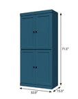 72" Teal Blue Solid Wood Adjustable Six Tier Library Bookcase with Four Doors