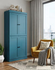 72" Teal Blue Solid Wood Adjustable Six Tier Library Bookcase with Four Doors