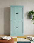 72" Aqua Solid Wood Adjustable Six Tier Library Bookcase with Four Doors