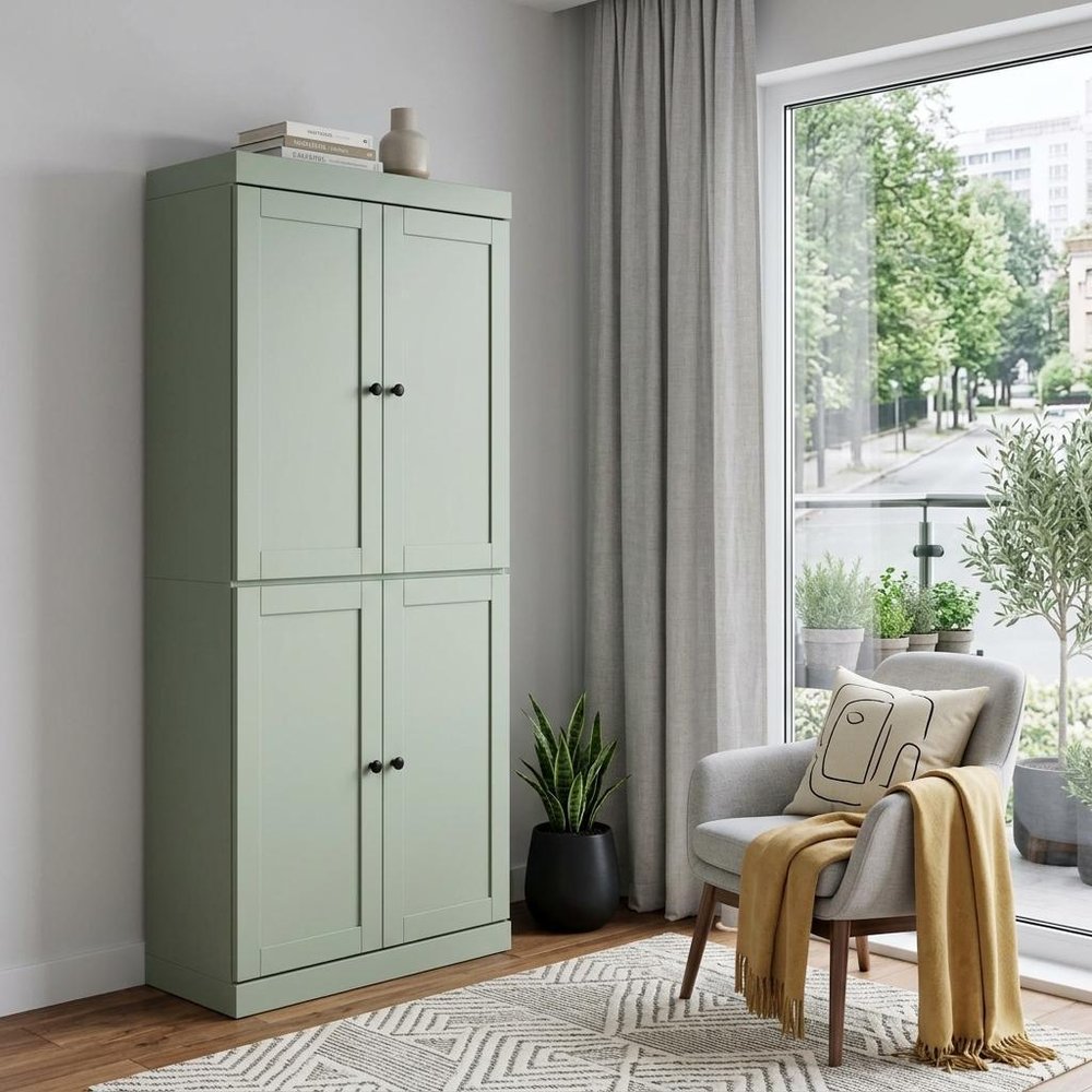 72" Sage Solid Wood Adjustable Six Tier Library Bookcase with Four Doors