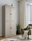 72" Beige Solid Wood Adjustable Six Tier Library Bookcase with Four Doors