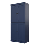 72" Navy Blue Solid Wood Adjustable Six Tier Library Bookcase with Four Doors