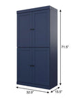 72" Navy Blue Solid Wood Adjustable Six Tier Library Bookcase with Four Doors