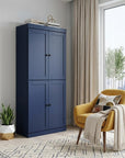 72" Navy Blue Solid Wood Adjustable Six Tier Library Bookcase with Four Doors