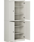 72" Off White Solid Wood Adjustable Six Tier Library Bookcase with Four Doors