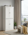 72" Off White Solid Wood Adjustable Six Tier Library Bookcase with Four Doors