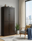 72" Espresso Solid Wood Adjustable Six Tier Library Bookcase with Four Doors