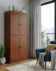 72" Coffee Solid Wood Adjustable Six Tier Library Bookcase with Four Doors