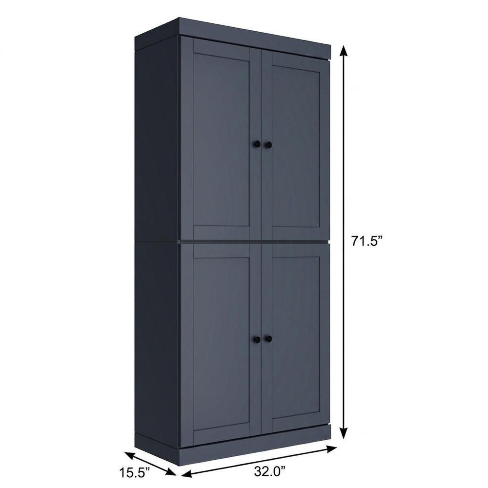 72" French Blue Solid Wood Adjustable Six Tier Library Bookcase with Four Doors