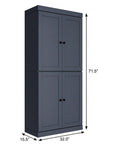 72" French Blue Solid Wood Adjustable Six Tier Library Bookcase with Four Doors
