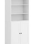 72" White Solid Wood Adjustable Six Tier Library Bookcase with Two Doors