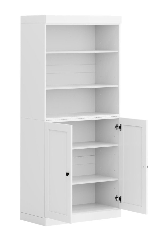 72" White Solid Wood Adjustable Six Tier Library Bookcase with Two Doors