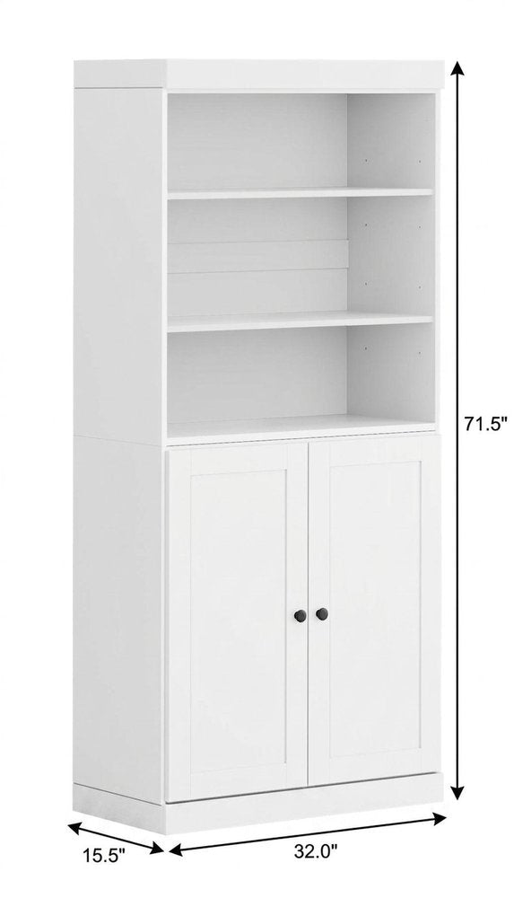72" White Solid Wood Adjustable Six Tier Library Bookcase with Two Doors
