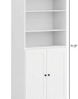 72" White Solid Wood Adjustable Six Tier Library Bookcase with Two Doors