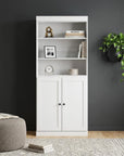 72" White Solid Wood Adjustable Six Tier Library Bookcase with Two Doors
