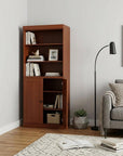 72" Coffee Solid Wood Adjustable Six Tier Library Bookcase with Two Doors