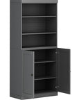 72" Gray Solid Wood Adjustable Six Tier Library Bookcase with Two Doors