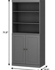72" Gray Solid Wood Adjustable Six Tier Library Bookcase with Two Doors