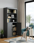 72" Gray Solid Wood Adjustable Six Tier Library Bookcase with Two Doors