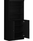 72" Black Solid Wood Adjustable Six Tier Library Bookcase with Two Doors