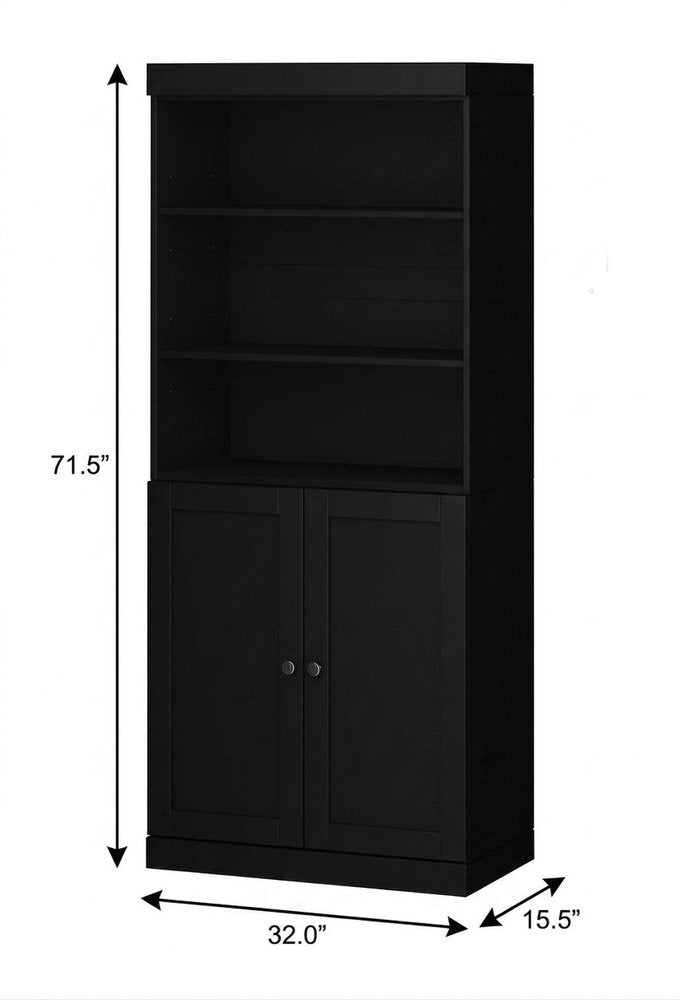 72" Black Solid Wood Adjustable Six Tier Library Bookcase with Two Doors