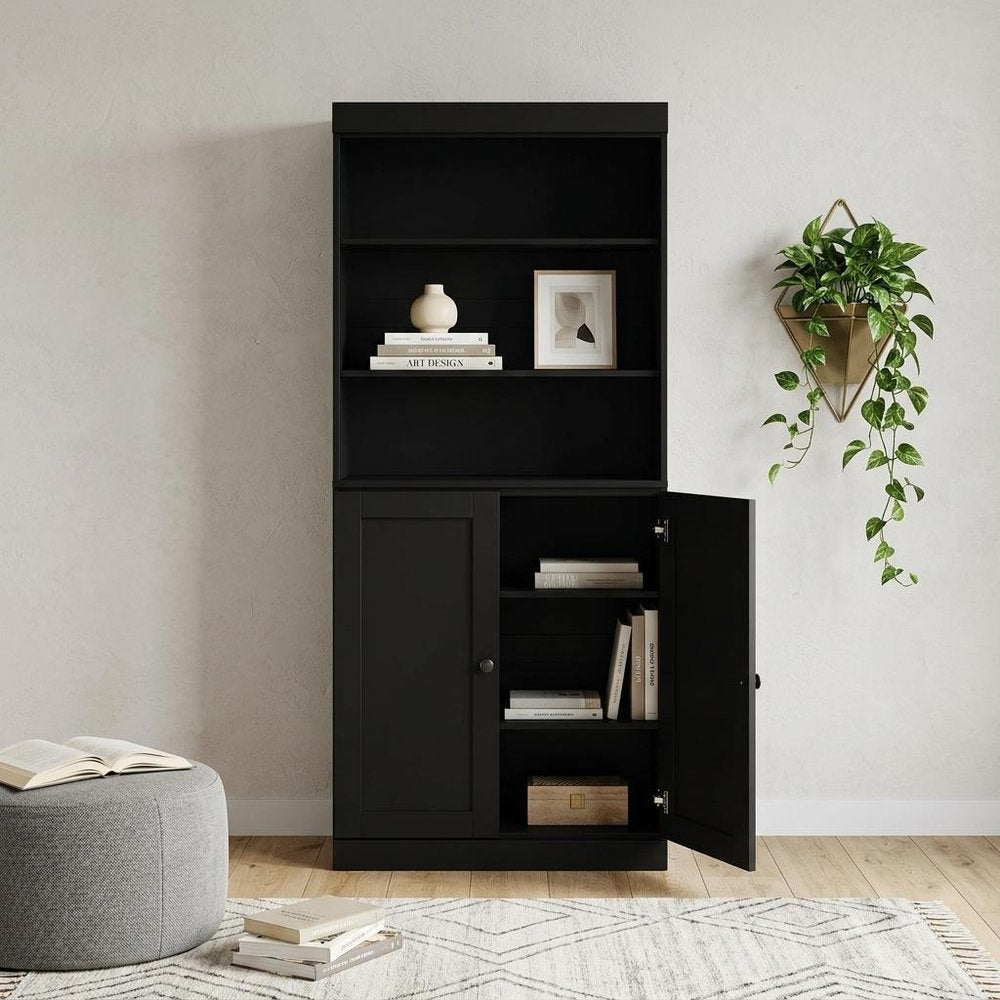 72" Black Solid Wood Adjustable Six Tier Library Bookcase with Two Doors