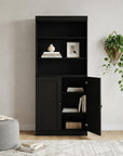 72" Black Solid Wood Adjustable Six Tier Library Bookcase with Two Doors