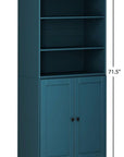 72" Teal Blue Solid Wood Adjustable Six Tier Library Bookcase with Two Doors