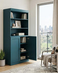 72" Teal Blue Solid Wood Adjustable Six Tier Library Bookcase with Two Doors