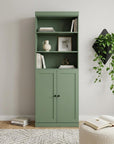 72" Green Solid Wood Adjustable Six Tier Library Bookcase with Two Doors